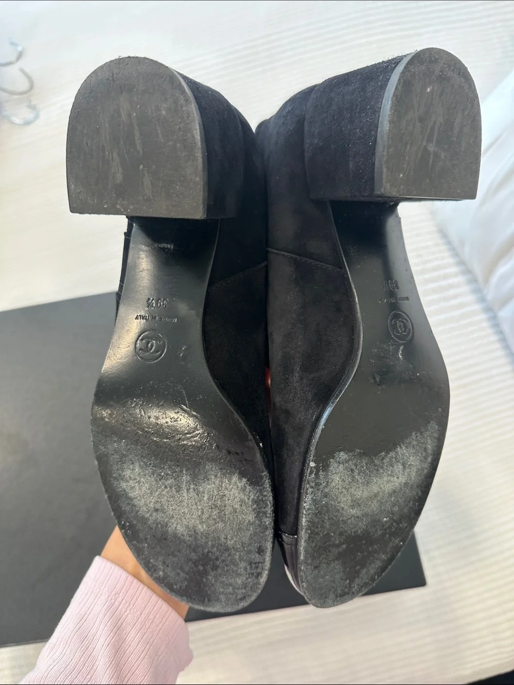 CHANEL Black Suede Mid-Calf Boots with Pearl Button Trim